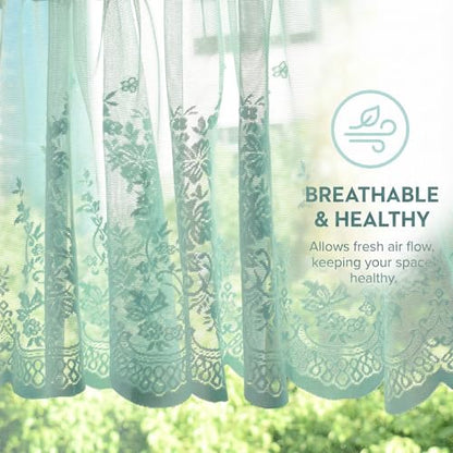 Molaxhome Kitchen Curtains Valance Blue Lace Floral Semi Sheer Curtain - color: Blue-green, size: 51"W x 16"L (Pack of 1)