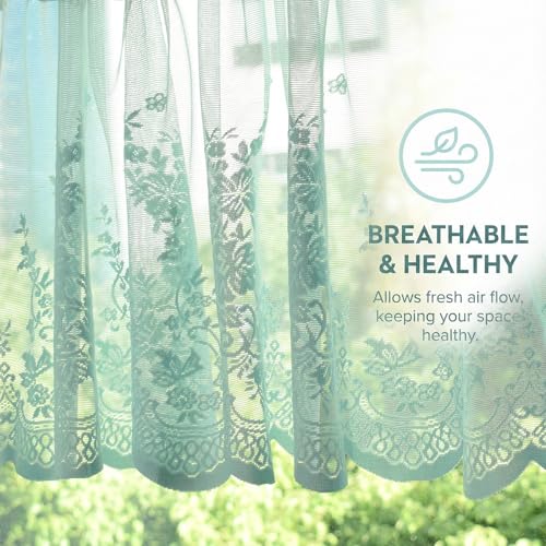 Molaxhome Kitchen Curtains Valance Blue Lace Floral Semi Sheer Curtain - color: Blue-green, size: 54"W x 35"L (Pack of 1)
