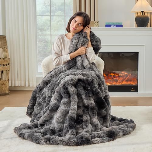 Fluffy Throw Blanket - Luxury Faux Rabbit Fur, Soft, Warm, Cozy & Fuzzy - Tie-Dyed Purple Dark Grey (King Size 108''x90'') - color: Tie-dyed Dark Grey, size: King(108''x90'')