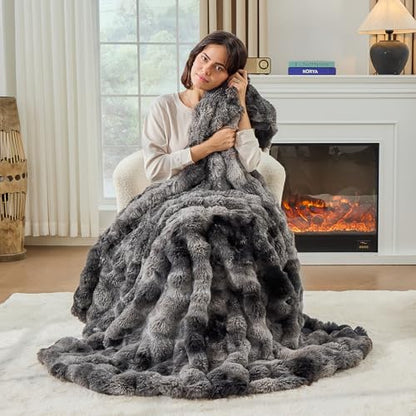 Fluffy Throw Blanket - Luxury Faux Rabbit Fur, Soft, Warm, Cozy & Fuzzy - Tie-Dyed Purple Dark Grey (King Size 108''x90'') - color: Tie-dyed Dark Grey, size: King(108''x90'')