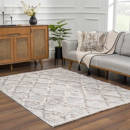 Hauteloom Atria Farmhouse Living Room Bedroom Moroccan Trellis Runner Rug - Soft Shaggy High Low Carpet - High Pile - Bohemian, Boho - Gray, Beige, Cream - 2'7" x 7'3" - color: Charcoal, Cream, Beige / Bogtong, size: 2'8" x 7'3" (Runner)