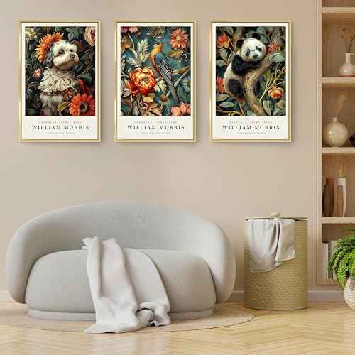 OVVGVV William Morris Wall Art set of 3 large Framed Vintage botanical Colorful Abstract Nature Flowers Canvas Art for Living Room Bedroom Office Decor(Style11, 3pcs 12x16 Gold Frame) - color: Type11-Gold, size: 12x16 in