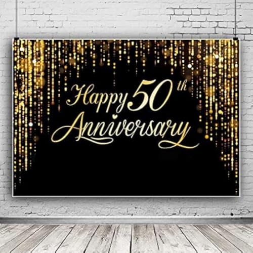 Anniversary Backdrop for Happy 50th Party, Black Gold Background Glitter Bokeh Dots Wedding Anniversary Party Photo Background Cake Table Extra Large Wall Decor Props (73'' x 50'') - color: 50th Anniversary Theme