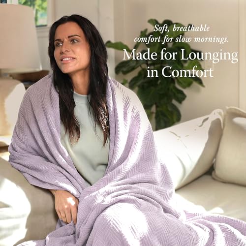 Threadmill Luxury 100% Cotton King Herringbone Blanket, Lilac - color: Lilac, size: King (106" x 92")