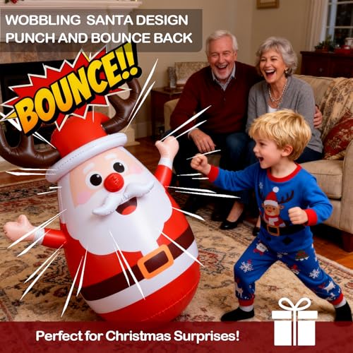 Inflatable Santa Reindeer Ring Toss Game with Wobbling Punching Bag, Christmas Party Game for Kids and Adults, Holiday Decoration