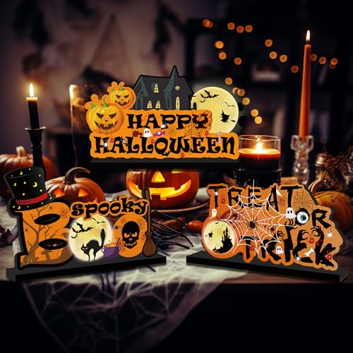 3Pcs Halloween Table Decorations - Happy Halloween Table Wooden Centerpiece Signs, Trick or Treat Wooden Sign, Boo Spooky Signs for Party Dinner Room Decor