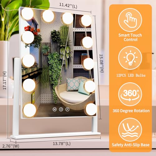 Dirket Vanity Mirror with Lights, Hollywood Lighted Makeup Mirror with 3 Color Lighting Modes and 12 Dimmable Bulbs, Detachable 5X Magnification, Smart Touch Control, 360°Rotation, White - color: 12 Bulbs