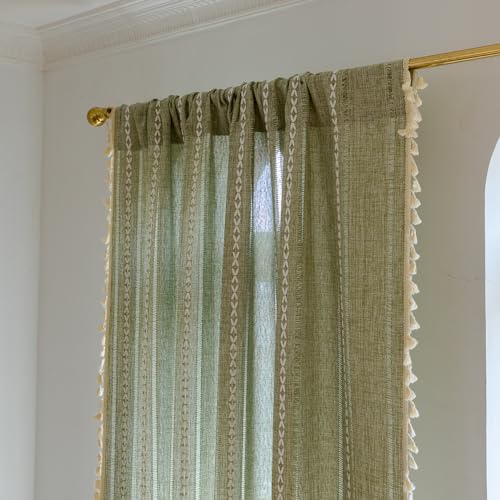 Deeprove Green Boho Linen Curtains 72 inches Length for Bedroom Living Room Dining Nursery Closet, Hollow Sage Semi Sheer Curtains Darkening Embroidery Drape Window Treatment, 1 Panel W52 x L72 - color: Green, size: 52"W x 72"L (Pack of 1)