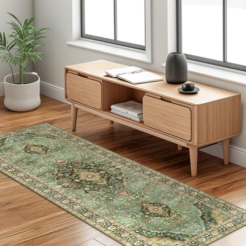 Green Runner Rugs for Hallway 2x6 Ft Non-Slip Fall Runner Rugs with Rubber Backing Washable Rug Runner for Kitchen Bedroom Vintage Distressed Carpet (Border Green) - color: Border Green, size: 2'x6'