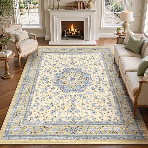 Arenarug 8x10 Rug for Living Room, Washable Non Slip Area Rugs Distressed Boho Floral Vintage Rug, Large Soft Low Pile Indoor Carpet for Bedroom, Dining Room, Home Office, Beige Blue - color: Beige Blue, size: 8' x 10' (Rectangular)