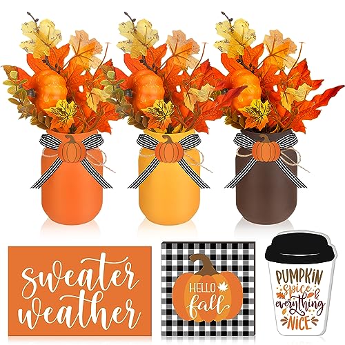 Jexine 18 Pcs Fall Mason Jar Table Decorations with Pumpkin Leaf Wood Sign