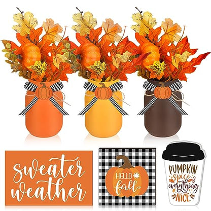 Jexine 18 Pcs Fall Mason Jar Table Decorations with Pumpkin Leaf Wood Sign
