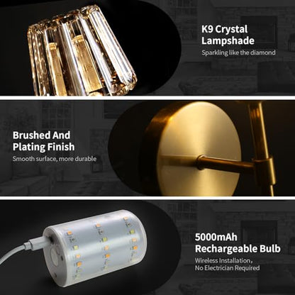 Battery Operated Crystal Wall Sconce Set of 2, Gold Rechargeable Wireless Wall Sconces with Remote Dimmable 12 Colors Modes Led Wall Lights, Wall Lamp for Bedroom Living Room Hallway, 2 Bulbs Included - color: Gold