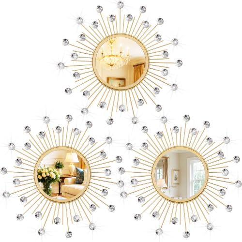 3 Pack Metal Mirrors for Wall Sunburst Wall Mirror Gold Crystal Home Accent - color: Gold Crystal