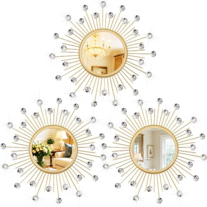 3 Pack Metal Mirrors for Wall Sunburst Wall Mirror Gold Crystal Home Accent - color: Gold Crystal