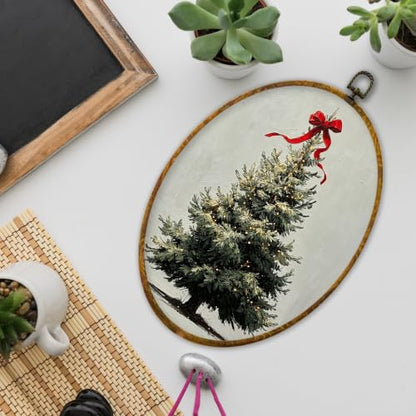 XPH Red Bow Christmas Tree Oval Wall Art Framed 8.6x11.4 Inch - color: Christmas53