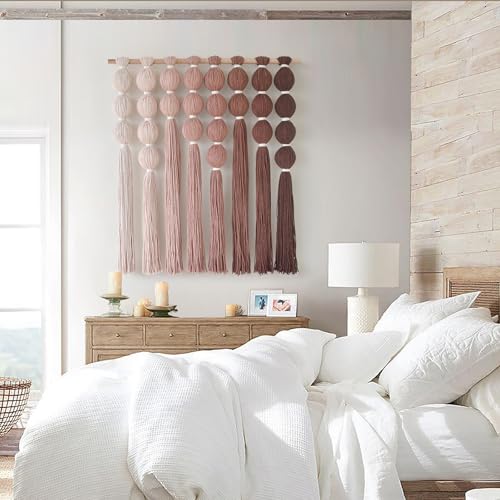 Macrame Wall Hanging Dip Dyed Red Yarn Balls Tassel Boho Decor 27"W*31"L - color: Brown Red