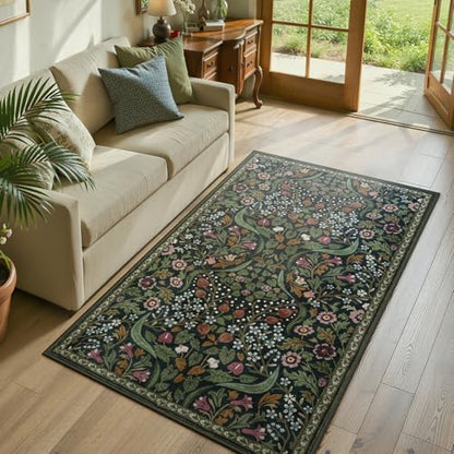 Lahome Olive Green Botanical Rug, 3x5 Washable Floral Entryway Rug - color: Green, size: 3' x 5'