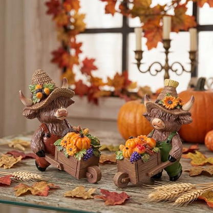 Karenhi 2 Pcs Fall Highland Cow Figurines, Harvest Wheelbarrow Decor - style: Harvest