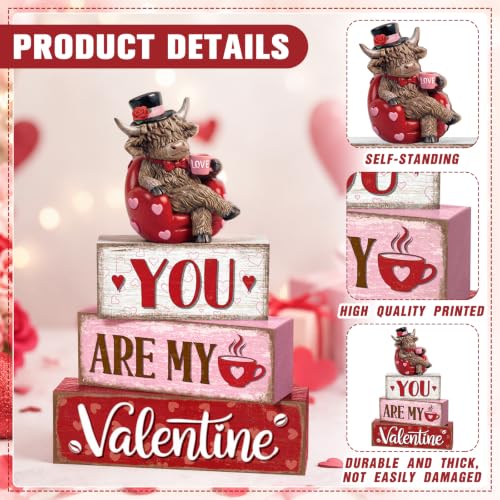 Yousoontic Valentine's Day Highlandcow Block Sign Rustic Tiered Tray Decor - style: Valentine's Day Highlandcow