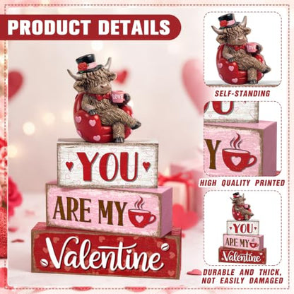 Yousoontic Valentine's Day Highlandcow Block Sign Rustic Tiered Tray Decor - style: Valentine's Day Highlandcow