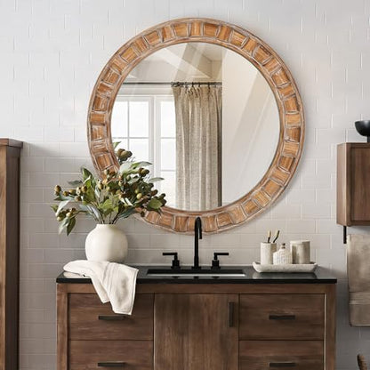 30 Inch Brown Solid Wood Round Wall Mirrors - color: B - Circle - 30x30 in