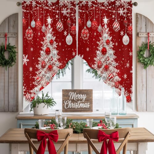 Christmas Tree Swag Valances Kitchen Curtains 36 Inches Length,White Pine Trees Sparkle Xmas Balls Tier Drapes Swag Topper,Red Winter Snow Snowflakes Short Window Treatments for Cafe 2 Panels 28"x36" - color: Red Sliver White, size: 28"W x 36"L (Pack of 2