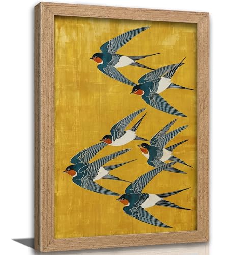 Wood Framed Swallow Wall Art, Vintage Japanese Bird Canvas Print, Japanese Flying Swallow Wall Decor, Cottage Farmhouse Animal Poster Artwork for Living Room kitchen Bedroom, 16x24in - color: Swallow, size: 24"Lx16"W