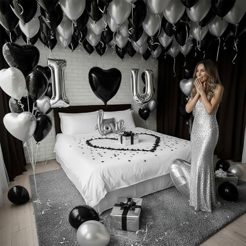 I Love You Balloons for Him/Her Balloons Black and silver romantic balloon kit with heart LOVE mylar balloons Black rose petals for hotel Dec orations Valentines Party wedding anniversary supplies - color: Black and Silver