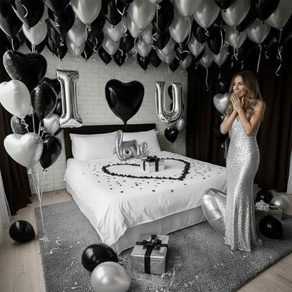 I Love You Balloons for Him/Her Balloons Black and silver romantic balloon kit with heart LOVE mylar balloons Black rose petals for hotel Dec orations Valentines Party wedding anniversary supplies - color: Black and Silver