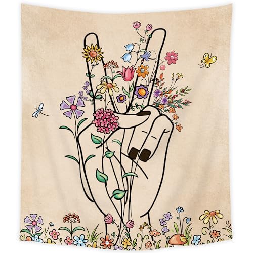 Peace Love Beige Tapestry Abstract Hand Flower Botanical Line Wall Hanging - color: Abstract Hand, size: 59"L x 51"W