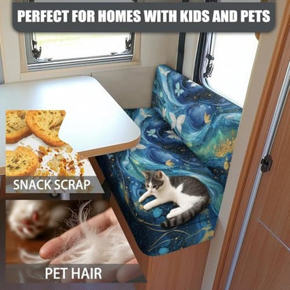 Butterfly Marble Blue Gold Print RV Dinette Cushion Covers 2 Pieces Scratch-Resistant Camper Seat Covers Dinette Booth Elastic RV Couch Cover Loveseat Sofa Chair Cover - color: Butterfly Marble Blue Gold