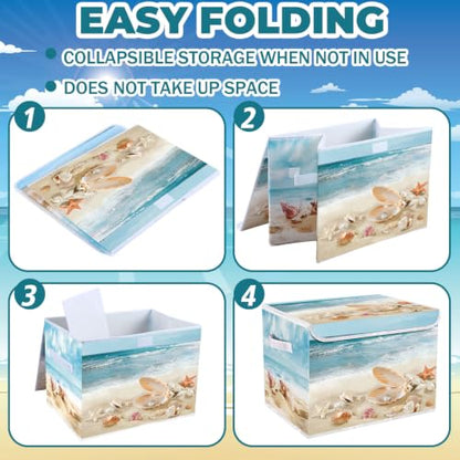 Briwooody Beach Storage Bin with Lid Handle Coastal Foldable Storage Box - style: Beach