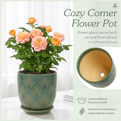 7.2 Inch Modern Ceramic Glaze Plant Pot with Drainage Hole,Mesh Net,Saucer,Indoor Outdoor Planter (Fan-Green) - color: Fan-green