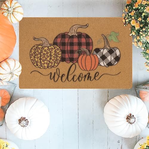 IZUS Hello-Pumpkin Fall Welcome-Doormats Harvest-Festival Outdoor-Entrance Non-Slip Leopard/Plaid-Printed-Pumpkins Autumn Frontdoor Mats 17x29inch - color: Pumpkins With Leopard+plaid+buffalo-check Printed