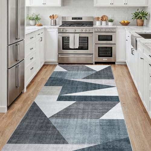 4x8 Washable Geometric Runner Rug - Non-Slip Wide Hallway Rugs Blue Grey - color: Blue/Grey, size: 4' x 8' (Rectangular)