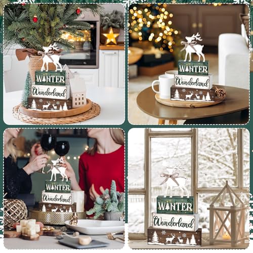 Yousoontic 4 Pcs Winter Woodland Reindeer Figurine, Rustic Farmhouse Decor - style: Wonderland