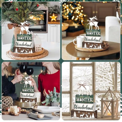 Yousoontic 4 Pcs Winter Woodland Reindeer Figurine, Rustic Farmhouse Decor - style: Wonderland