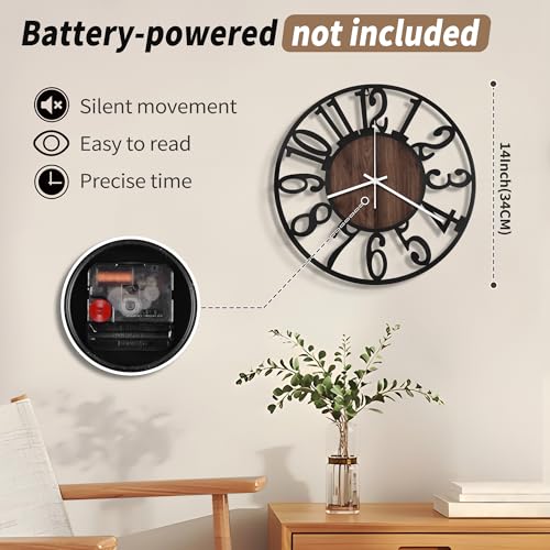 Maxstar 14" Silent Wall Clock – Battery Operated, Rustic Metal & Wood - color: Brown, size: 14 Inch