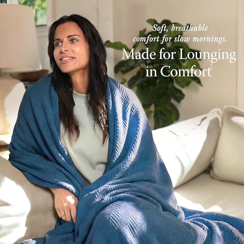 Threadmill Luxury 100% Cotton King Herringbone Blanket, Folkstone Blue - color: Folkstone Blue, size: King (106" x 92")