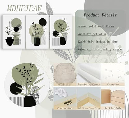 MDHFJEAW 3 Pcs Sage Green Boho Floral Canvas Wall Art 16x24 In - color: Canvas, size: 24''L x 16''W