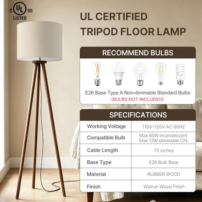 Buruis 60.6 Inch Walnut Wood Tripod Floor Lamp with Linen Drum Shade, Beige - color: Beige
