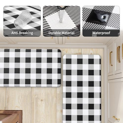 MAYHMYO 2PC Kitchen Mats for Floor,Buffalo Plaid Kitchen Rugs Anti Fatigue - color: Black