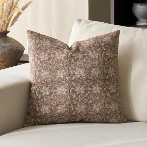 DOMVITUS Floral Pillow Covers 20x20 Throw Pillow Covers Block Print Vintage Decorative Neutral Pillow Cover for Couch Bed Living Room Brown 1PC - color: Brown, size: 20" x 20" (Pack of 1)