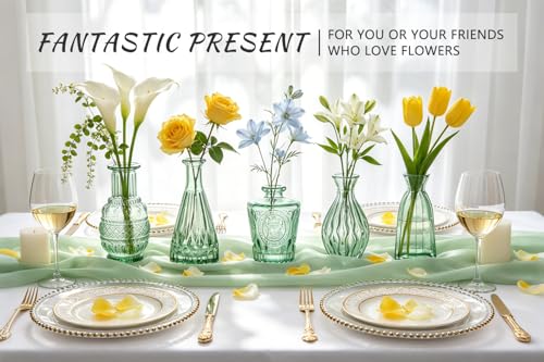 SUPMIND 6pcs Glass Bud Vase Bulk, Small Green Flower Vases for Centerpieces - color: Green