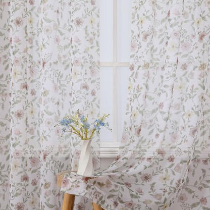 OWENIE Dusty Pink Watercolor Floral Printed Sheer Curtains 84 Inches Long - size: 40"W x 84"L (Pack of 2)