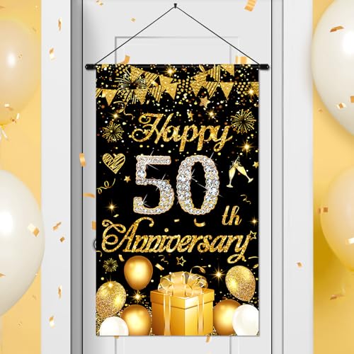 50th Anniversary Decorations Small Banner Black Gold Happy 50th Anniversary Door Hanging Banner Porch Front Door Decor for Women Men 50 Years Silver Wedding Anniversaries Party Cruise Sign Supplies - color: Black gold