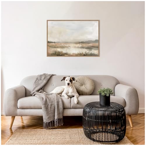 Kate and Laurel Framed Canvas Wall Art Print Neutral Abstract Landscape by The Creative Bunch Studio, 33 x 23 Sylvie Beaded Rustic Natural Frame, Modern Contemporary, Landscape Art for Wall Decor - size: 33"L x 23"W