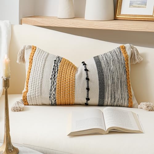 BlissBlush Decorative Lumbar Throw Pillow Cover 12x20 Boho Yellow Mustard Accent Cushion for Couch Sofa Farmhouse Pillowcase for Bedroom Living Room Home Décor Cover ONLY - color: Mustard, size: 20" x 12" (Pack of 1)