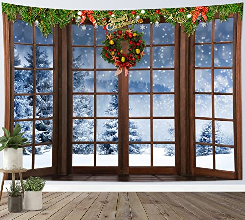 HVEST Christmas Winter Tapestry Snow Forest outside Windows Tapestries Wall Hanging Red Xmas Balls and Christmas Wreath Tapestry for Bedroom Living Room Dorm Wall Decor, 60W x 40H inches - color: Brown, size: 40"L x 60"W